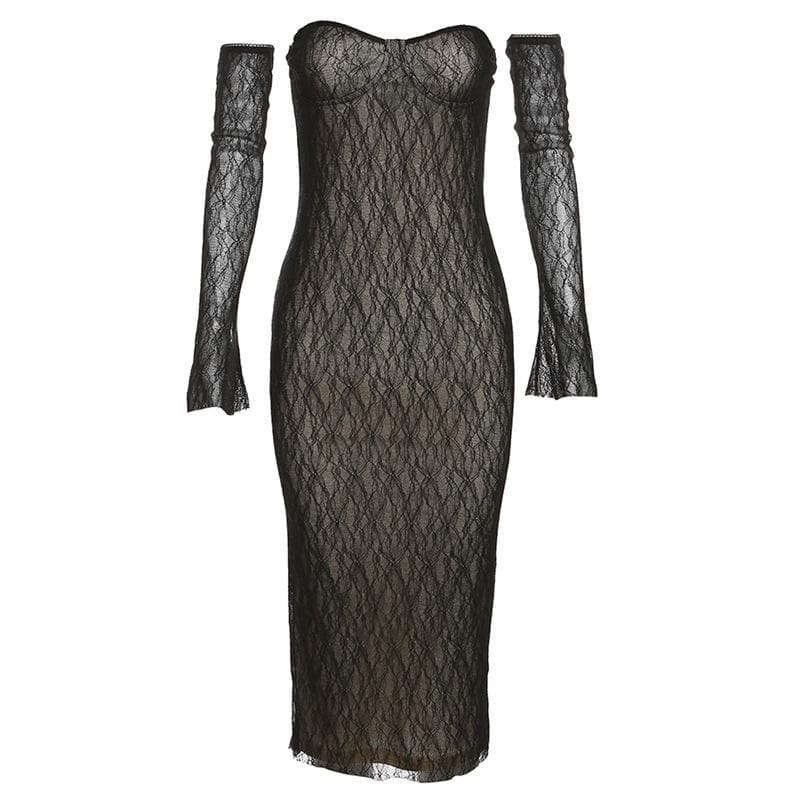 Lace gloves sweetheart neck backless tube midi dress 2