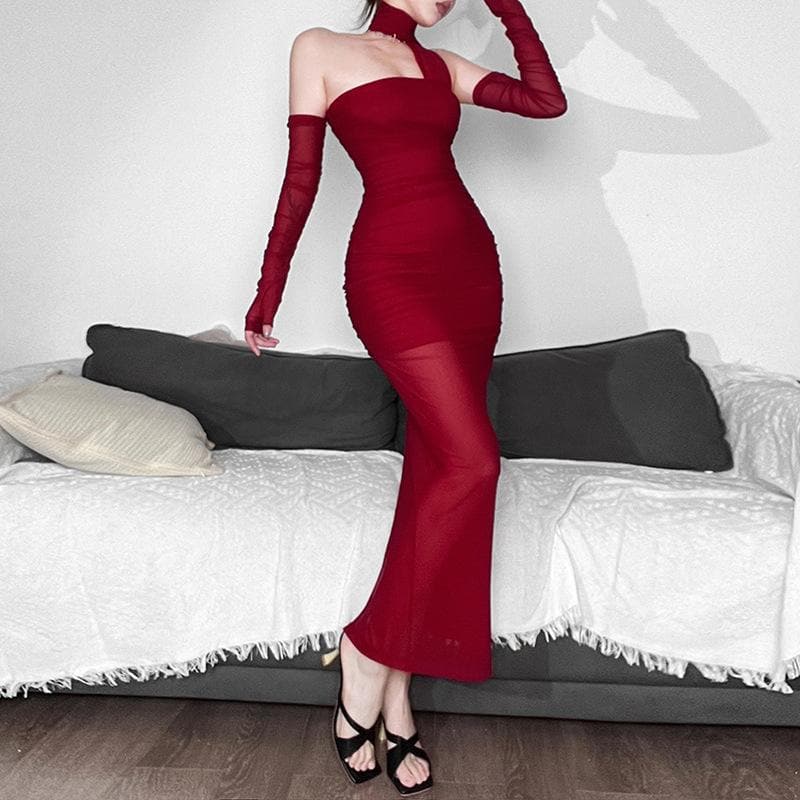 Mesh gloves ruched halter solid slit backless maxi dress 2