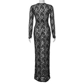 Lace see through long sleeve solid crewneck maxi dress 5