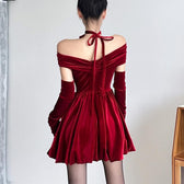 Velvet ruched zip-up off shoulder long sleeve solid mini dress 4