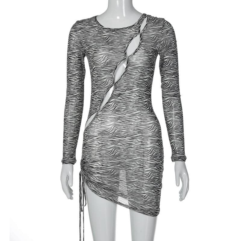 Zebra print hollow out irregular long sleeve sheer mesh see through mini dress 9