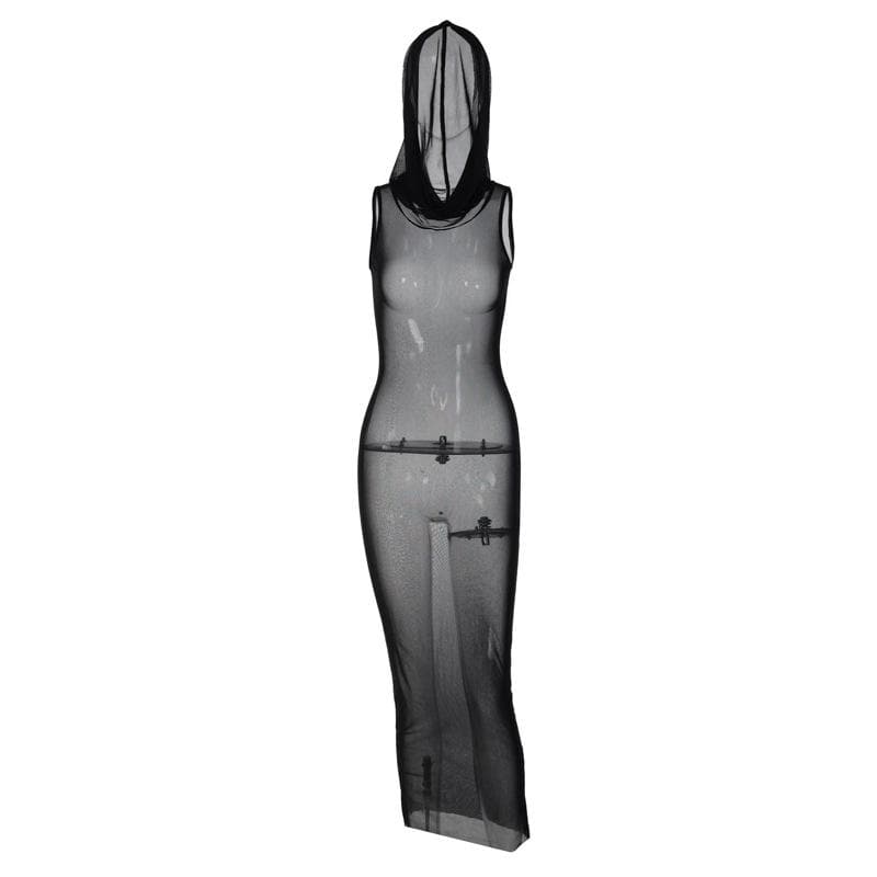 Sheer Mesh Sleeveless Hooded Bodycon Maxi Dress 2
