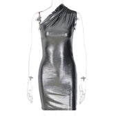 Metallic one shoulder ruched sleeveless irregular mini dress 3