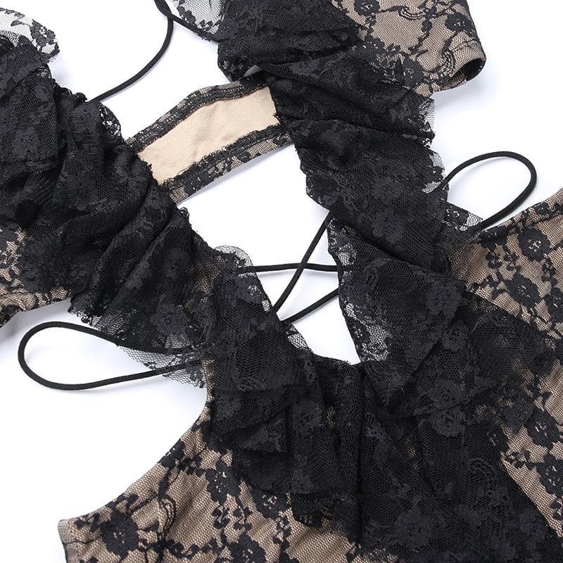 Cross front backless hollow out lace hem contrast mini dress 6