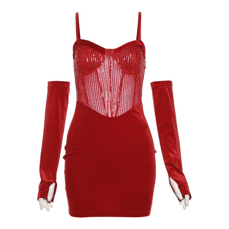 Sweetheart neck gloves velvet glitter mesh patchwork cami dress 3