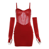 Sweetheart neck gloves velvet glitter mesh patchwork cami dress 3