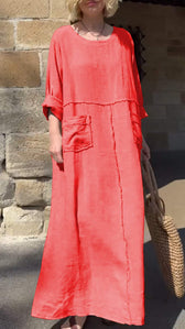Linen Round Neck Long Sleeve Pocket Maxi Dress 5