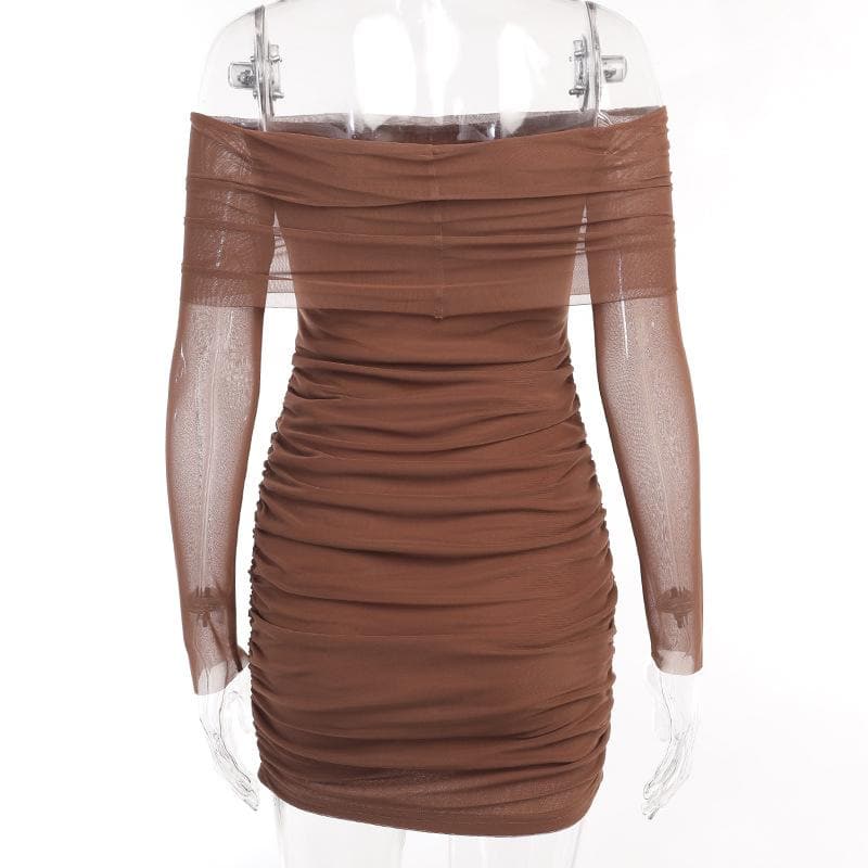 Mesh off shoulder solid long sleeve ruched mini dress 6