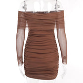 Mesh off shoulder solid long sleeve ruched mini dress 6