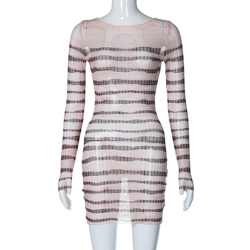 Long sleeve striped print sheer mesh crewneck ruffle mini dress 2