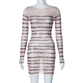 Long sleeve striped print sheer mesh crewneck ruffle mini dress 2