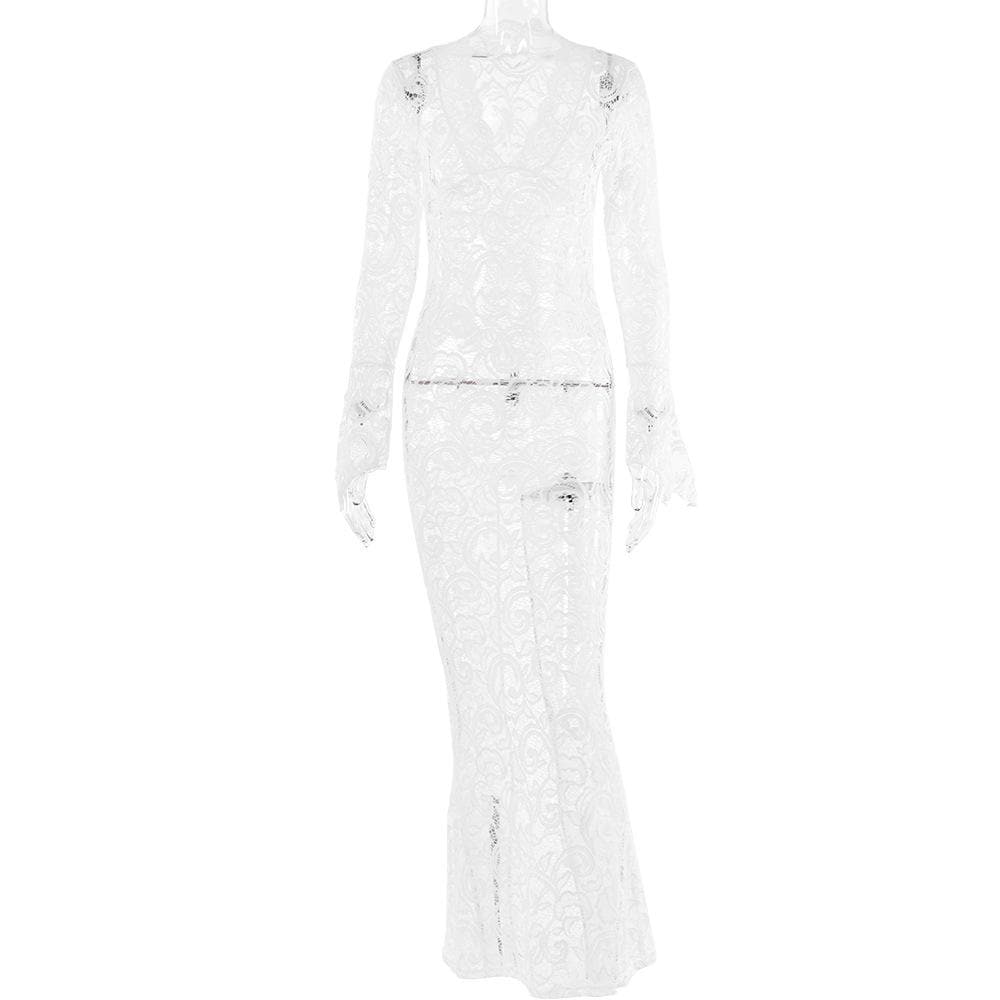 Lace see through long sleeve v neck solid maxi dress 4