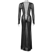 Long sleeve lace up sheer mesh see through maxi dress 4
