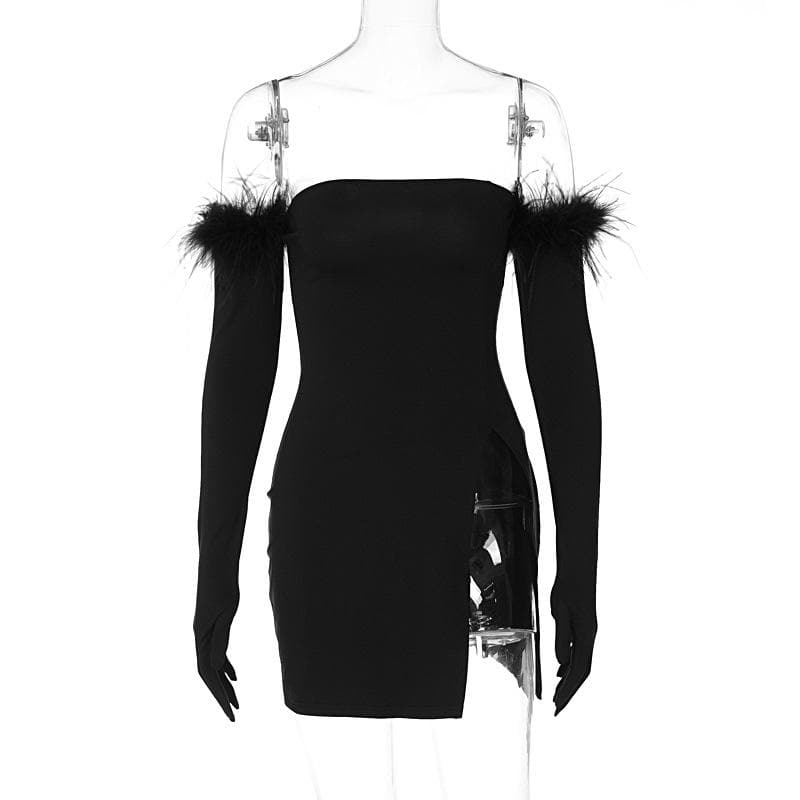 Strapless High Split Tube Mini Dress with Feather Trim Gloves 3