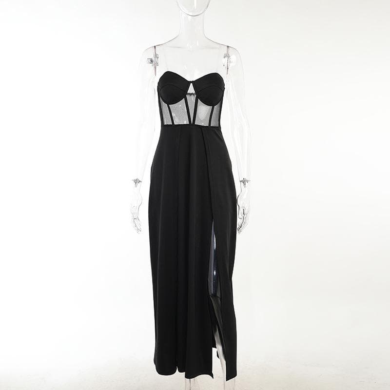 Mesh heart neck high slit pleated tube maxi dress 3