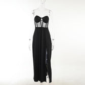 Mesh heart neck high slit pleated tube maxi dress 3