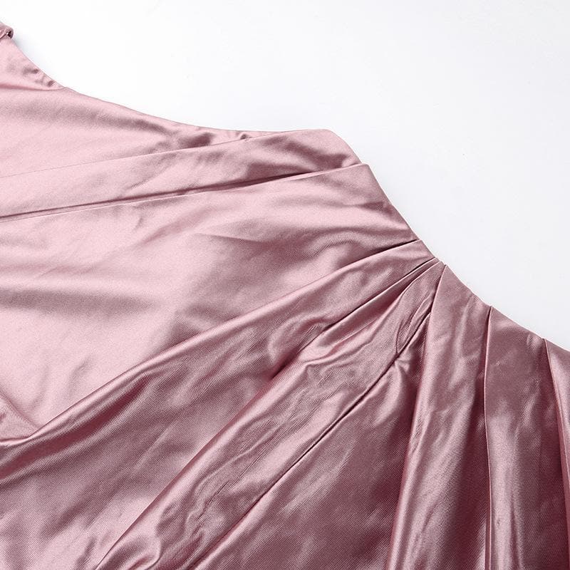 Ruched solid satin zip-up halter backless slit maxi dress 9