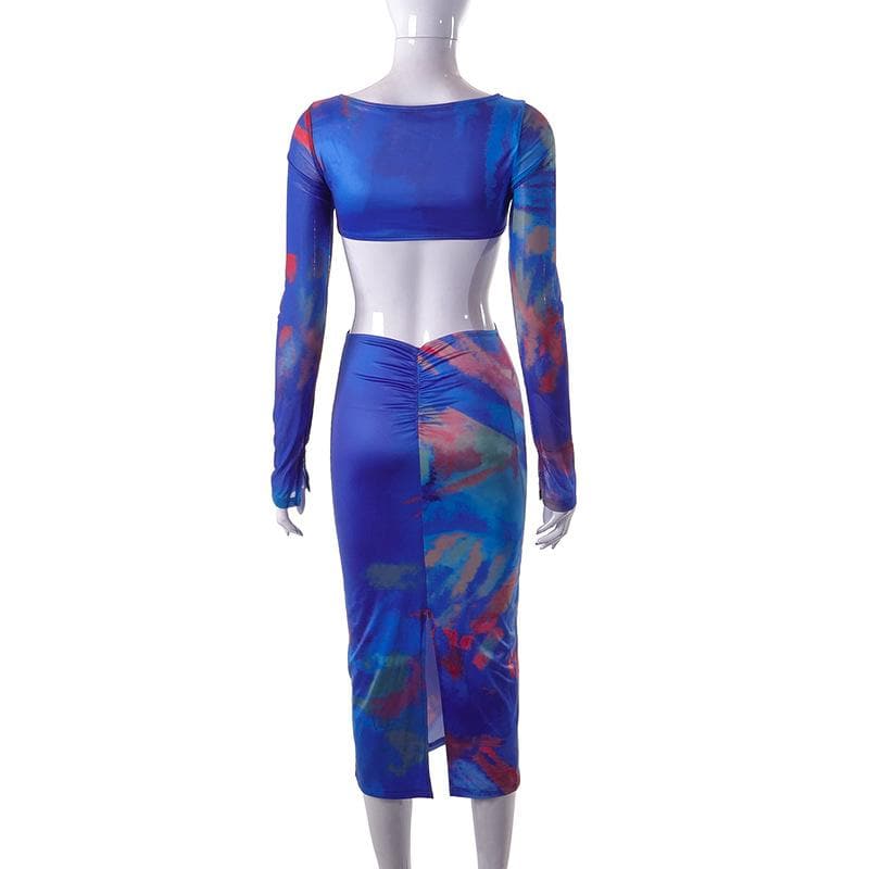Hollow out contrast print long sleeve ruched mesh patchwork midi dress 4