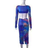 Hollow out contrast print long sleeve ruched mesh patchwork midi dress 4