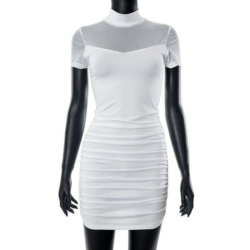 High neck short sleeve mesh patchwork ruched solid mini dress 4