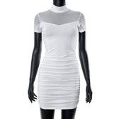 High neck short sleeve mesh patchwork ruched solid mini dress 4