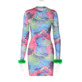 Feather crewneck contrast print long sleeve mini dress 8