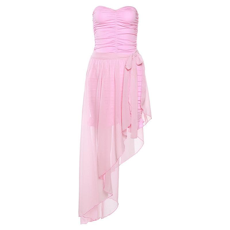 Chiffon ruffle solid irregular ruched self tie tube midi dress - View 2