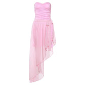 Chiffon ruffle solid irregular ruched self tie tube midi dress - View 2