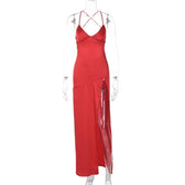 Slit cross back satin backless solid v neck maxi dress 2