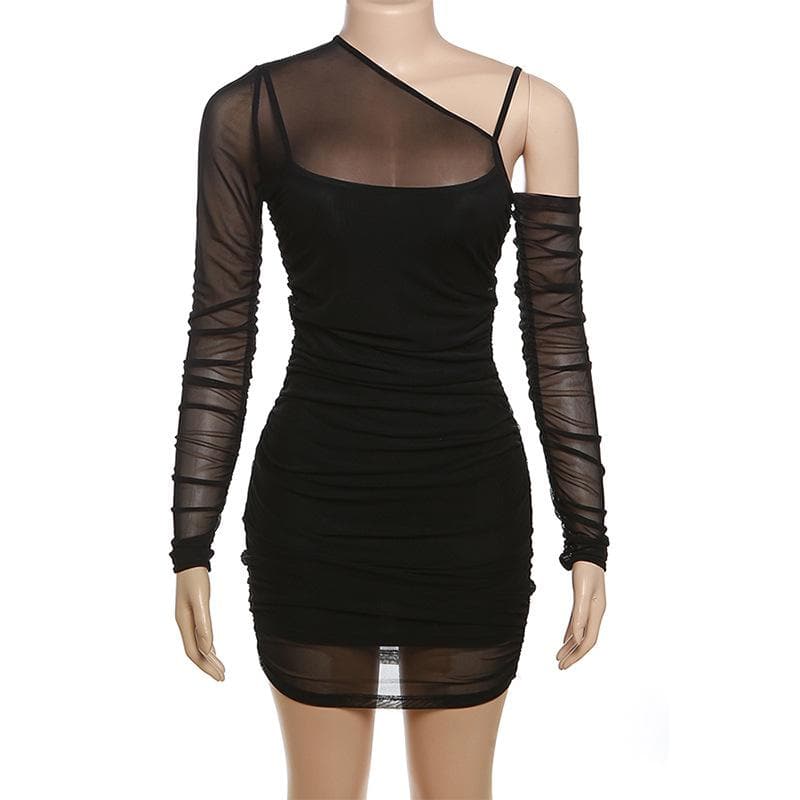 Mesh off shoulder long sleeve irregular ruched mini dress 9