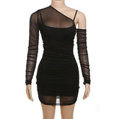 Mesh off shoulder long sleeve irregular ruched mini dress 9