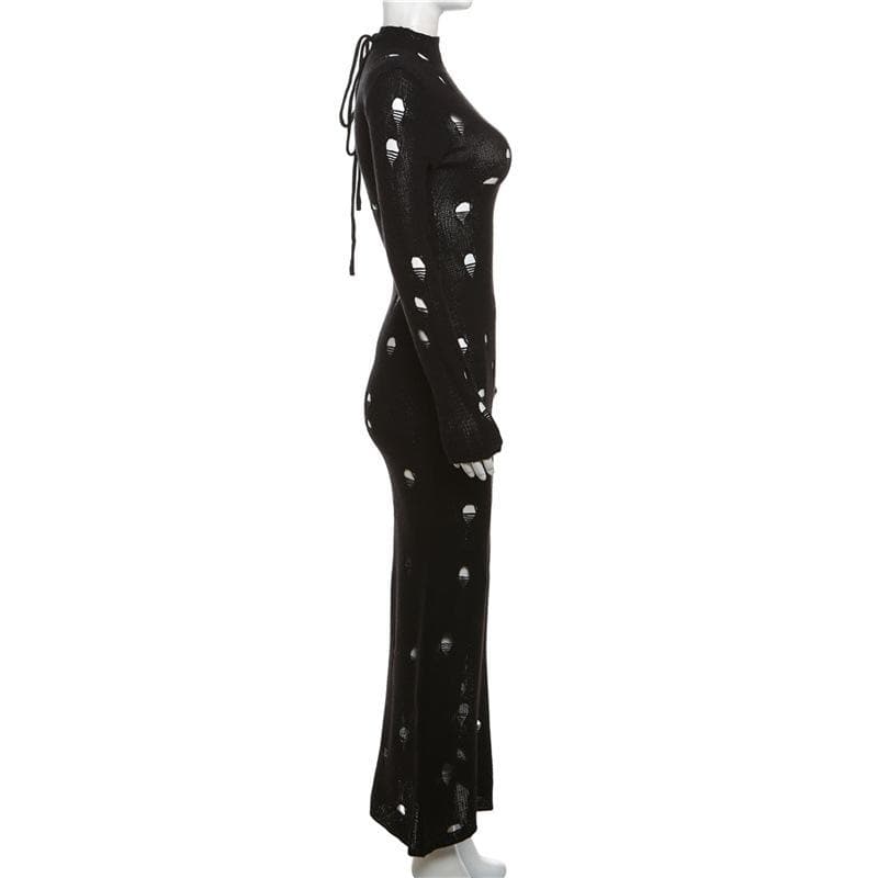 Crochet solid long sleeve high neck lace up maxi dress 6