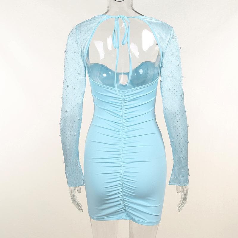 Long sleeve solid hollow out slit ruched beaded self tie backless mini dress 6