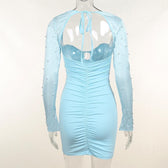 Long sleeve solid hollow out slit ruched beaded self tie backless mini dress 6