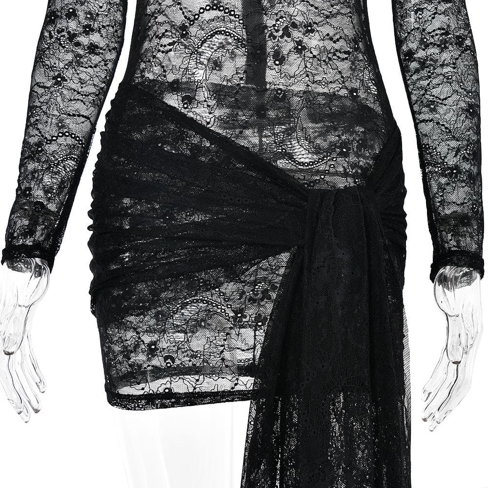Lace see through long sleeve zip-up self tie ruched mini dress 8