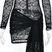 Lace see through long sleeve zip-up self tie ruched mini dress 8