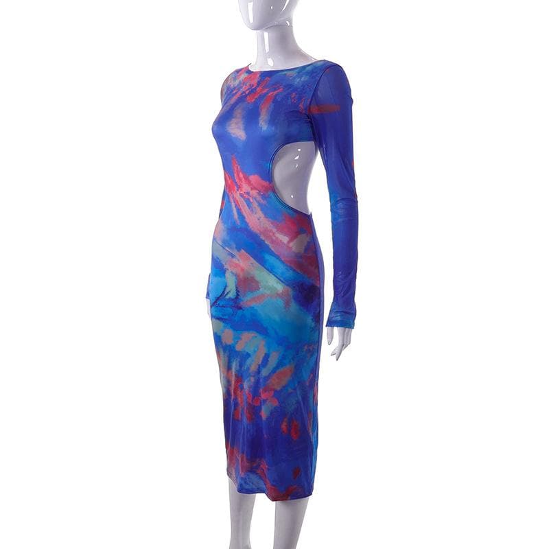 Hollow out contrast print long sleeve ruched mesh patchwork midi dress 3