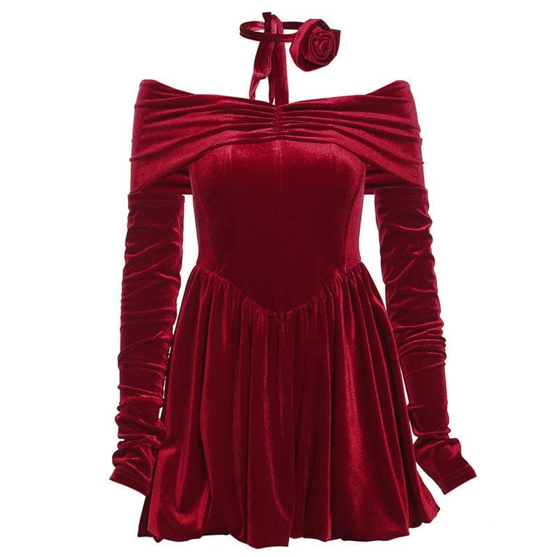 Velvet ruched zip-up off shoulder long sleeve solid mini dress 10