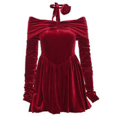 Velvet ruched zip-up off shoulder long sleeve solid mini dress 10