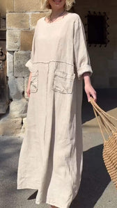 Linen Round Neck Long Sleeve Pocket Maxi Dress 3