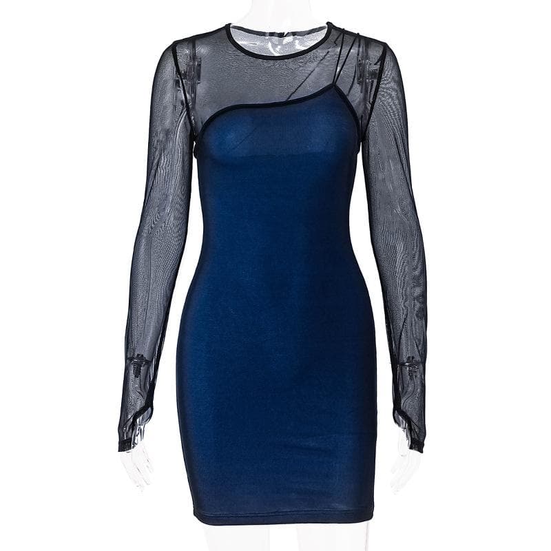 Long sleeve gloves mesh patchwork stitch contrast mini dress 8