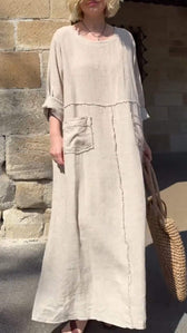Linen Round Neck Long Sleeve Pocket Maxi Dress