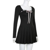 Lace hem square neck contrast long sleeve pleated mini dress 3