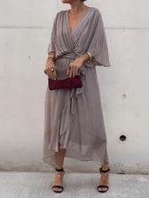Chiffon Deep V-Neck Batwing Wrap Midi Dress 4