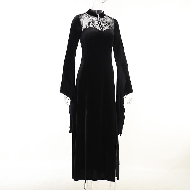 Velvet lace patchwork button solid high neck long flared sleeve slit midi dress 7