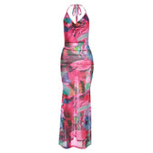 Ruched halter sheer mesh see through backless cowl neck contrast maxi dress 2