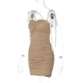 Ruched lace hem self tie square neck backless mini dress 9