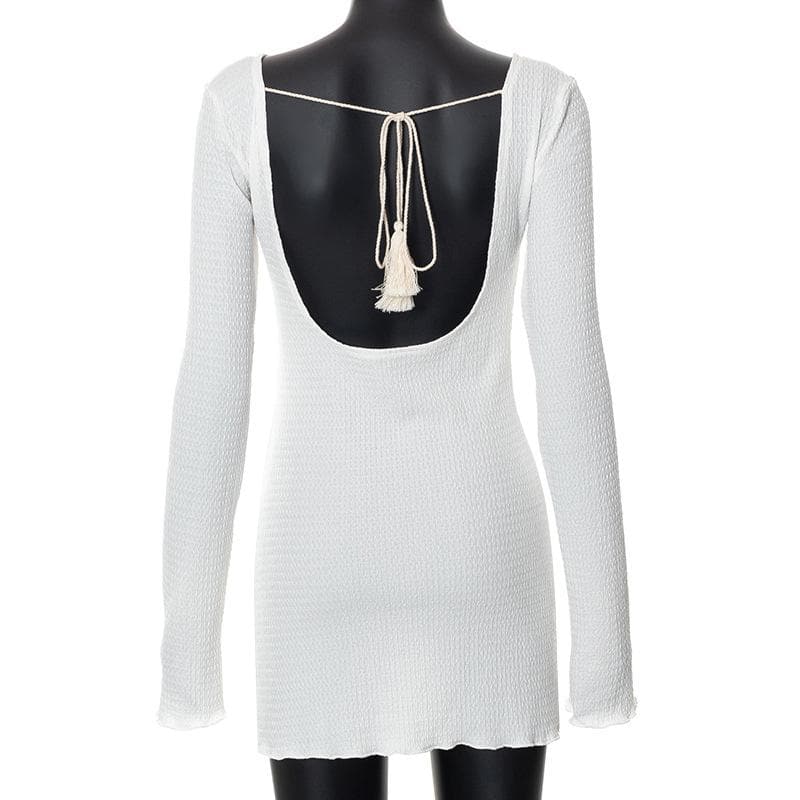 Textured solid self tie backless long sleeve ruffle mini dress