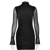 Mesh solid long sleeve turtle neck ruched zip-up mini dress 3