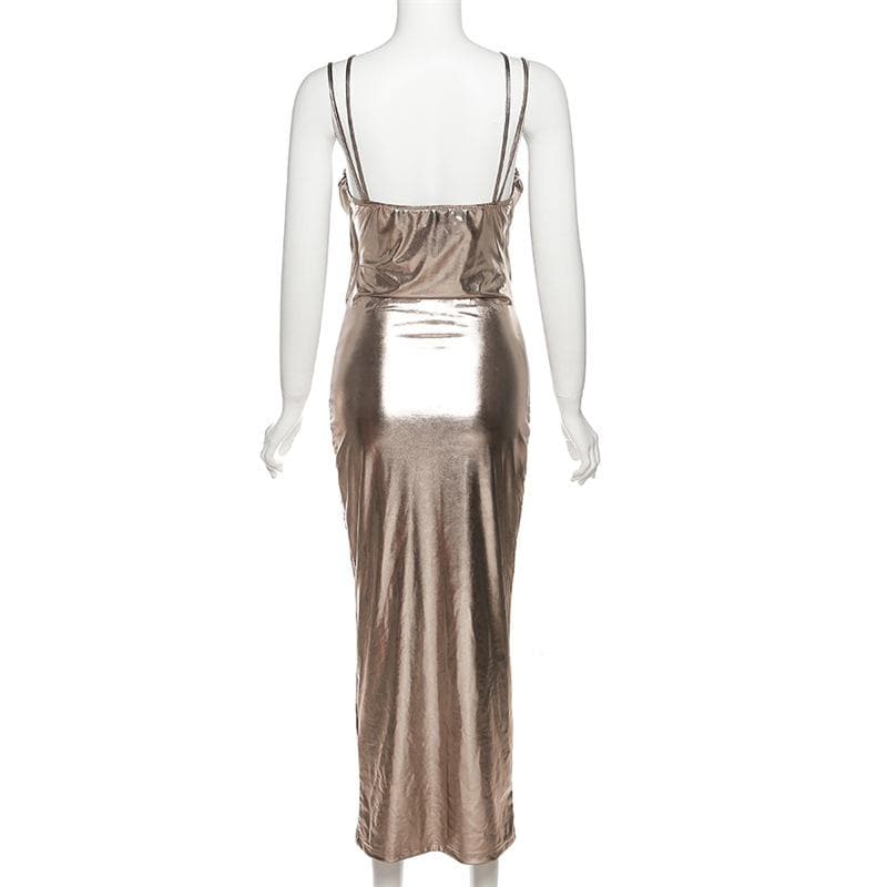 Metallic ruched backless patchwork solid midi dress 3